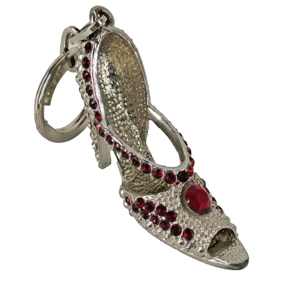 Red Rhinestone Silver Tone Metal High Heel Shoe Shoes Keychain‎ Purse Charm